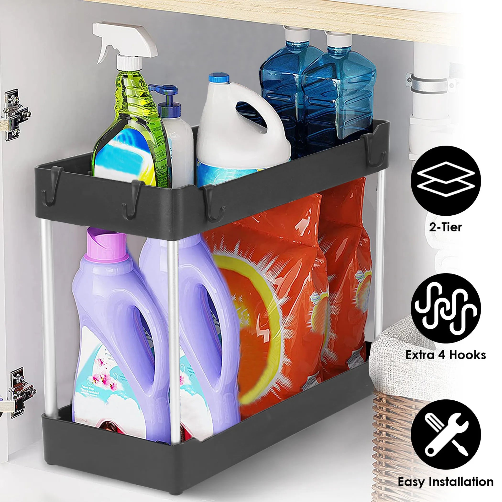Space-saving under sink shelf storage solution