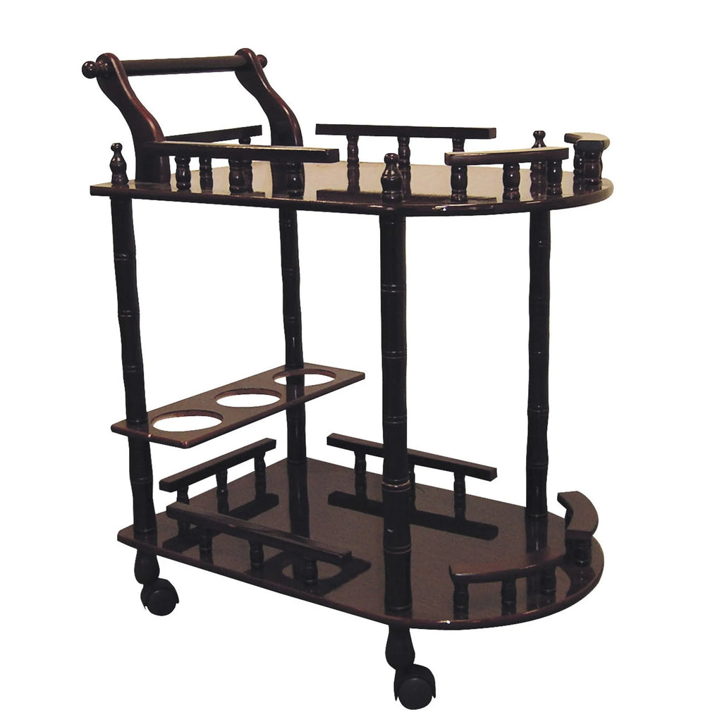 dark brown rolling bar cart with storage shelves