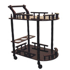 dark brown rolling bar cart with storage shelves